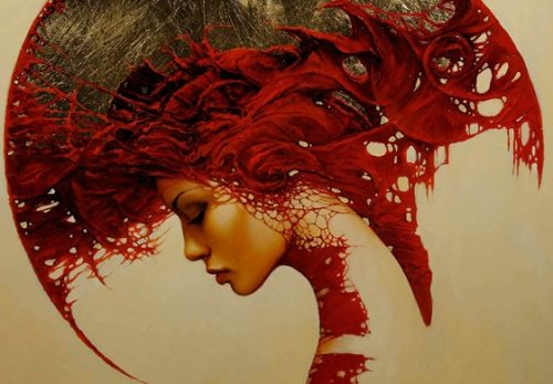 как да освободите съзнанието си - абстрактна картина в червено на жена, която е погълната в емоции