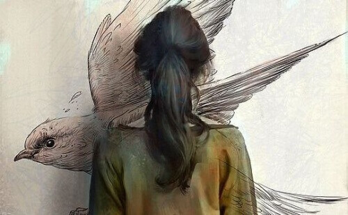 как да освободите съзнанието си - жена в гръб, от която излиза птица, символизираща емоциите, които я преследват