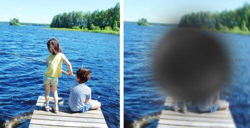 Макулната дегенерация: колаж от две снимки на деца край езеро. Едната снимка е ясна, а другата замъглена.