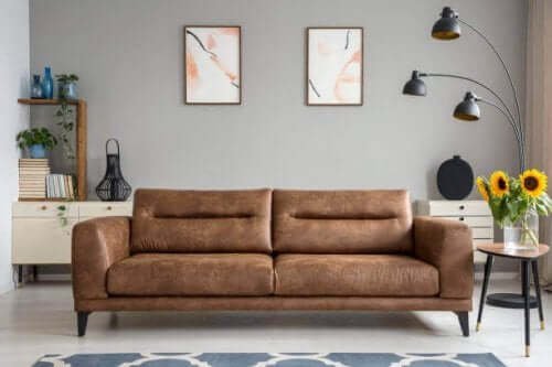 Снимка на всекидневна стая, с един двуместен кафяв диван.