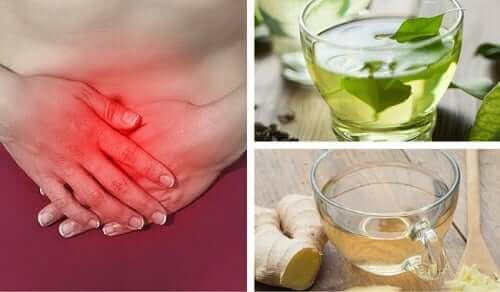 Лечение на аерофагия: колаж от 3 снимки с чайове и един човек се държи за стомаха